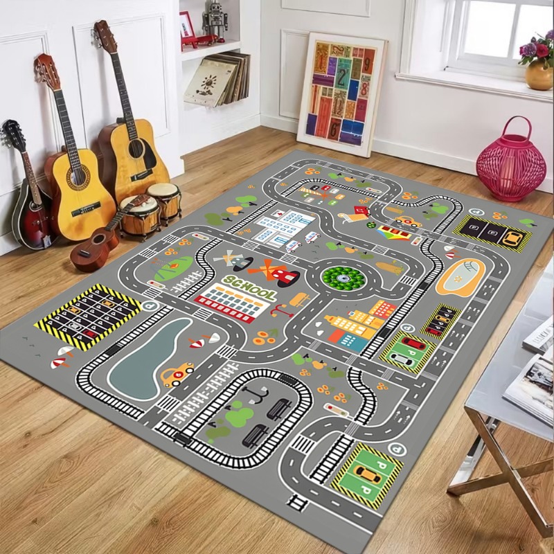 Commercial Road Printing - キッズシティ交通道路ゲームエリアラグ ソフト滑り止めプレイマット 道路駐車場プリント 室内装飾カーペット リビングルーム寝室用
