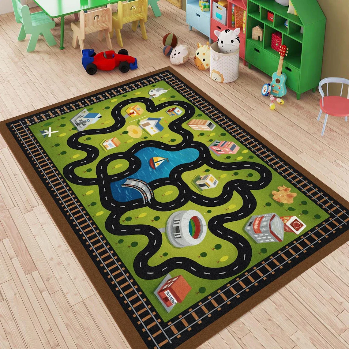 Commercial Digital Printing - レーストラックラグ キッズプレイルームカーペット カートラックエリアラグ、デジタルプリントマット、男の子の部屋の装飾、おもちゃの車のラグ、楽しいアクティビティフロアマット